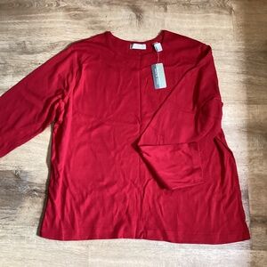 New Kate Hill Casual For Women Women's Red Solid 100% Cotton Crew Neck Shirt 2X